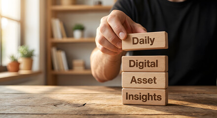 Business and Technology Concept with Wooden Blocks Showing Daily Digital Asset Insights
