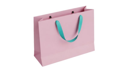 Isolated light-pink paper shopping bag with blue-green handles for retail purchases and gifts
