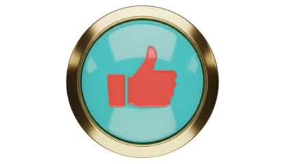 Isolated approval symbol, icon or button with a golden metallic rim around light blue