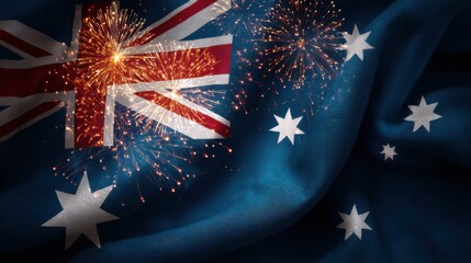 Fireworks display over Australian flag during national celebration at night with colors lighting up the sky