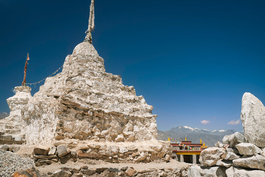Large Buddhist stupas, monuments, ancient under blue sky. Nako, India.