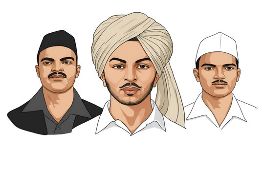 Bhagat Singh Sukhdev Rajguru Indian freedom fighters patriotic illustration symbolizing republic day independence day revolutionary heroes army sacrifice shahid divas national pride unity courage 