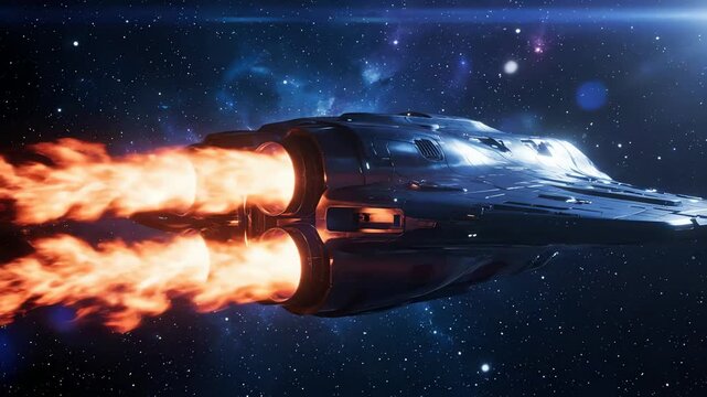 Futuristic spaceship accelerating through a vibrant nebula with bright engine flames