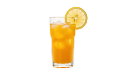 Isolated full glass of refreshing orange juice with lemon slice, for commercial use