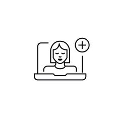 Woman on laptop and plus. Remote access, user upgrade. Pixel perfect, editable stroke vector icon