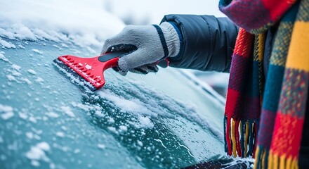 Person wearing gloves and scarf scraping ice from car windshield winter snow