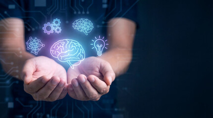 Fototapeta premium Human Hands Presenting Digital Brain, AI, and Innovation Icons