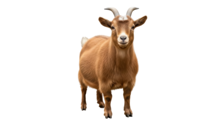 Isolated brown goat standing in a pasture with small horns and healthy coat, medium shot