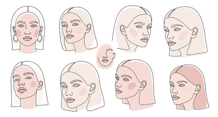 Minimalistic illustrated female portraits in pastel tones. Modern beauty, fashion, and style concept.