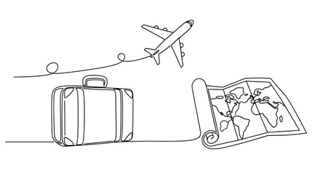 Fototapeta premium One line drawing of airplane, suitcase, and map. Minimalist travel and adventure illustration.