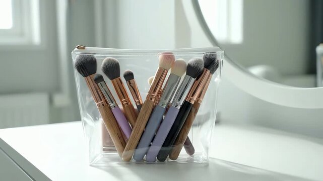 Clear makeup bag filled with assorted cosmetic brushes on a white vanity table