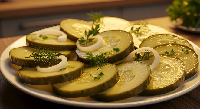 A plate of pickled cucumber slices garnished with herbs and onions on a wooden table