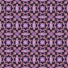 Seamless ornamental pattern with intricate floral and geometric motifs in purple and gold tones. Symmetrical vintage design perfect for luxury wallpaper, textile prints, packaging, and decorative back