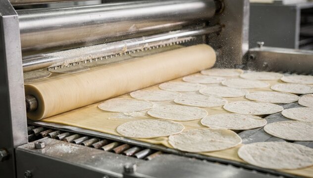 Industrial closeup of a single lane tortilla sheeter machine shaping and cutting masa sheets into uniform tortillas with precision and speed.