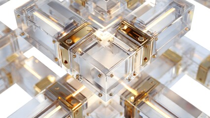A modular quantum processor sculpture with geometric blocks interlinked by light beams, sleek design, photorealistic render, isolated on white