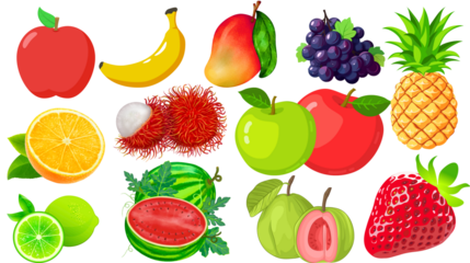 Set of Colorful Fruit Icons Banana Apple Strawberry Orange Mango and Tropical Fruits PNG Collection Isolated on Transparent Background