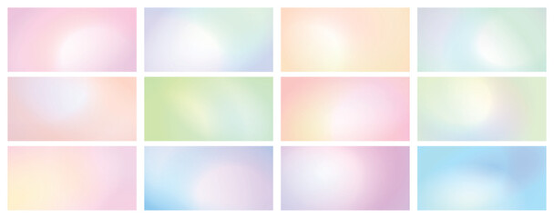 Naklejka premium Soft pastel gradient abstract backgrounds set with smooth gentle light blend airy dreamy minimal style delicate tones pink blue green yellow purple white design digital backdrop template collection
