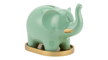 Isolated pistachio elephant piggy bank on gold platform for children coins, save money, gift