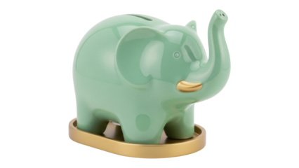 Isolated pistachio elephant piggy bank on gold platform for children coins, save money, gift