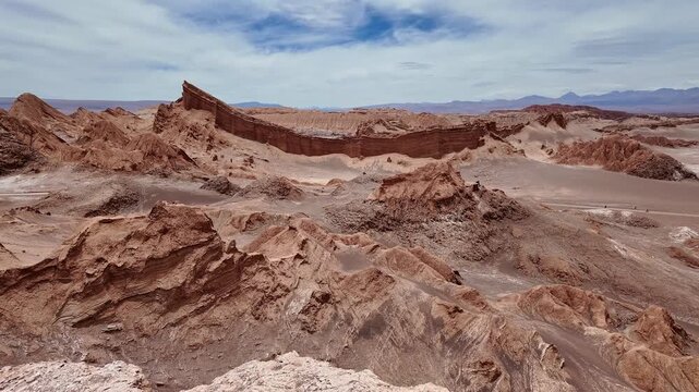 San Pedro de Atacama, Chile: Panoramic footage of the Amphitheater rock formation in Valle de la Luna or Moon valley in Los Flamencos National Reserve in Atacama's desert in Chile under dramatic sky