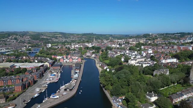 Exeter, South Devon, England: DRONE VIEWS: Exeter canal; The River Exe, Exeter Quays and the city centre. Exeter is a cathedral city and the county town of Devon (Clip 1 of 2).