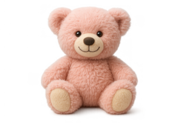 Pink fluffy teddy bear sitting, child's cute plush toy for kids, babies and toddlers, transparent background