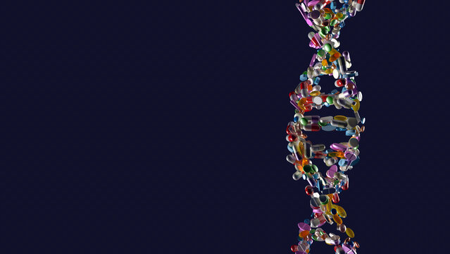 Illustration of DNA model made of drugs and pills, conceptional approach for Personalised Targeted Therapy and Cancer Treatment