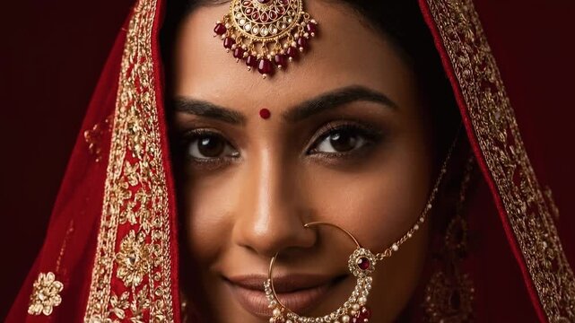 Beautiful Indian bride with traditional makeup and jewelry. Close-up portrait of a woman in a red veil for her wedding ceremony. Cultural heritage and marriage concept