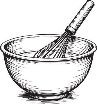 A detailed and artistic monochrome illustration captures a stainless steel bowl with a whisk gracefully suspended within, inviting the viewer into the world of culinary creation.