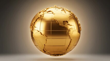 Golden Earth globe rotates slowly showcasing continents in a studio environment with dramatic lighting - Powered by Adobe