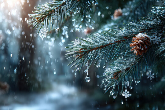 Pine Branch with Snowflakes and Raindrops in Winter - Powered by Adobe