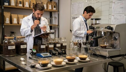 Fototapeta premium Espresso blend specialists conduct detailed tasting and blending trials in a compact lab focusing on balancing acidity and body for premium coffee consistency development.
