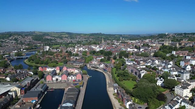 Exeter, South Devon, England: DRONE VIEWS: Exeter canal; The River Exe, Exeter Quays and the city centre. Exeter is a cathedral city and the county town of Devon (Clip 2 of 2).