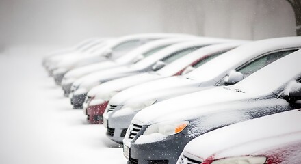 Row of cars covered in snow during a winter storm weather
