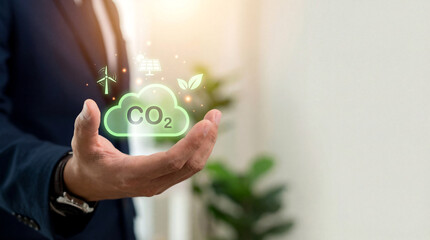 Hand Holding CO2 Cloud with Green Energy Symbols for Environmental Sustainability