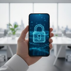 Hand holding a modern smartphone with a glowing secure padlock icon on the screen in a blurred professional office environment.