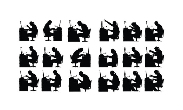 set of court stenographer silhouettes typing in various poses on a white background