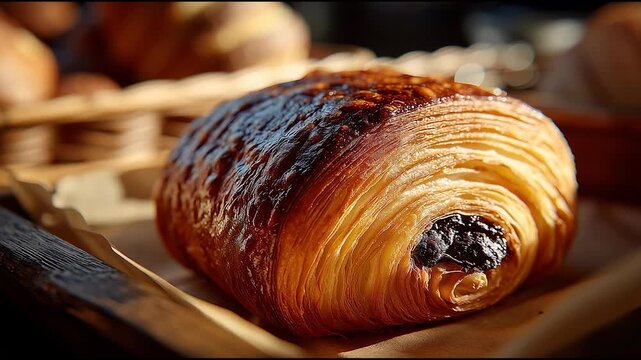 Freshly baked pain au chocolat with crispy golden layers in a rustic bakery setting