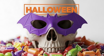 Skull wearing purple bat mask surrounded by colorful Halloween candy image