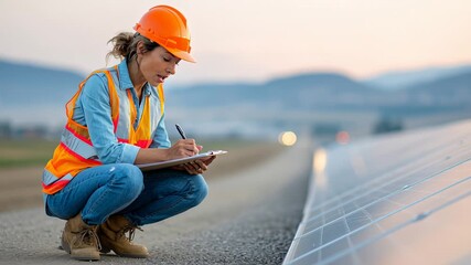 Female engineer inspecting solar panels at sunset wearing safety equipment