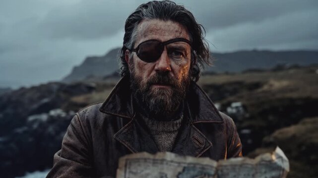 A rugged pirate with an eyepatch holds a map on a stormy sea coast. Cinematic portrait of a historical sailor looking at the camera. Adventure and exploration concept