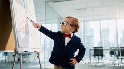 A funny little boy dressed as a businessman gives a presentation. A child points to a growth chart on a flip chart in a modern office. Business prodigy and early career success concept - Powered by Adobe