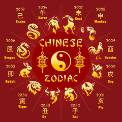 Chinese Zodiac Wheel with 12 Astrology Animals, Yin Yang Symbol, Red and Gold Traditional Lunar Calendar Illustration. Vector illustration