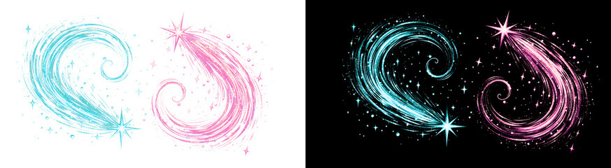 PNG image of Sparkling shooting star trails in vibrant cyan and magenta against a deep black cosmic background design on transparent background © NURUN