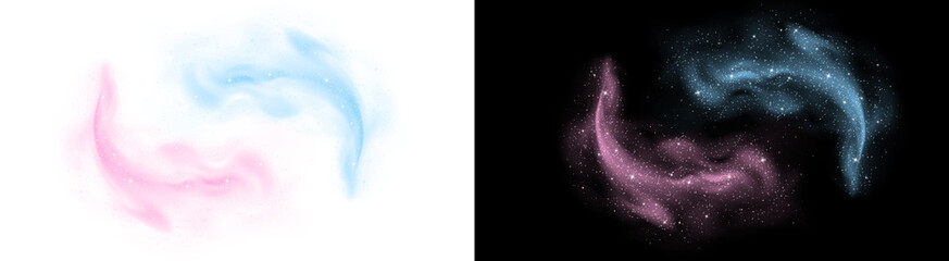 Obraz premium PNG image of&nbsp;Abstract pink and blue glittery nebula clouds with sparkling stars set against a deep on transparent background