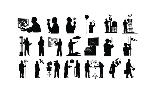 set of meteorologist silhouettes checking weather instruments in various poses on a white background