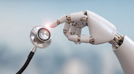 Futuristic robotic hand reaching out to touch a stethoscope, symbolizing advanced healthcare technology and innovation in medical diagnostics