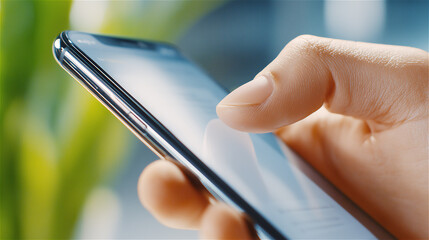 Hand holding a smartphone outdoors with green bokeh background, browsing or messaging on a touchscreen. Concept of mobile communication, wireless connectivity, everyday lifestyle, & modern technology.