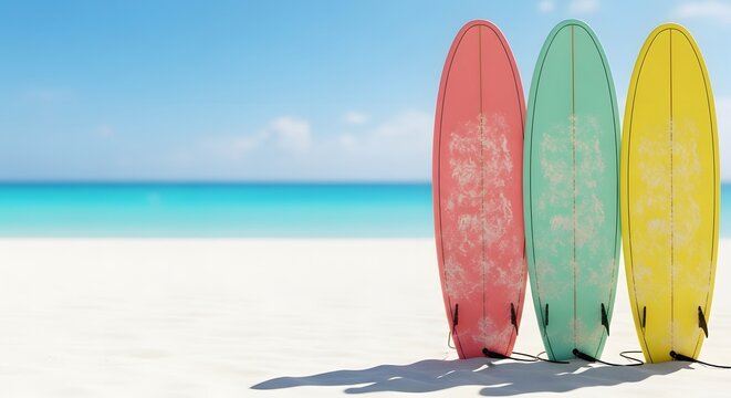 Colorful surfboards standing on a tropical white sand beach under a clear blue sky, embodying the ultimate spring break vacation concept for adventure and relaxation