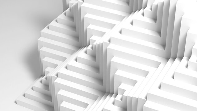 A stark white abstract staircase forms a geometric maze of blocks and steps. 3d render